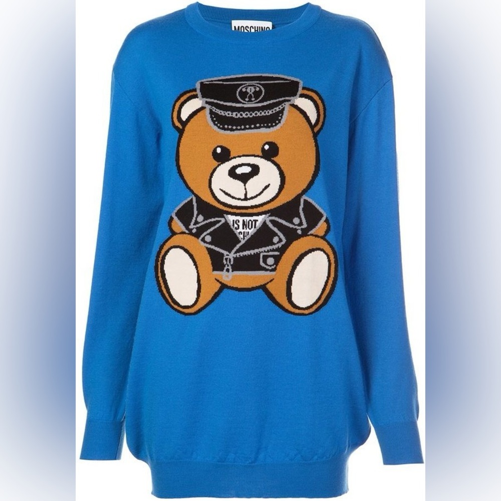 Moschino biker bear blue wool sweater dress